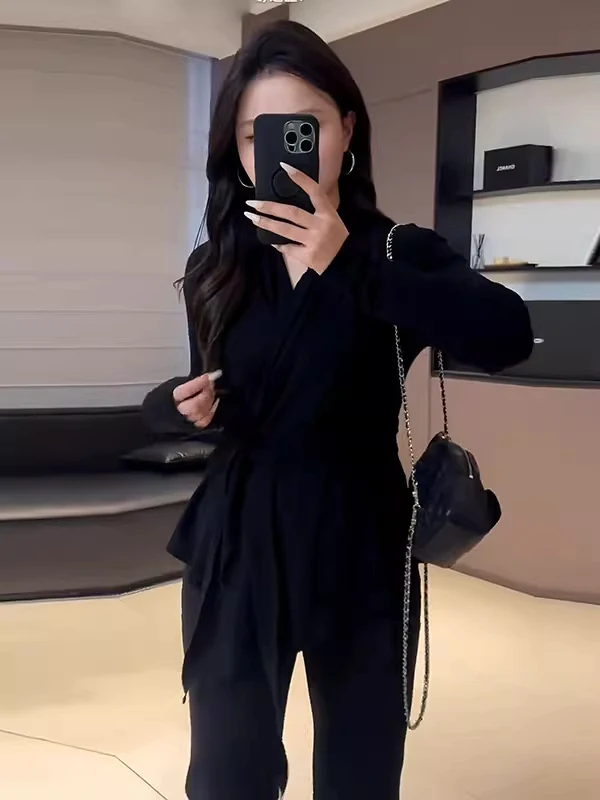 

Женская повседневная футболка больших размеров с длинным рукавом, асимметричным подолом и завязками, утягивающий топ в корейском стиле, для офиса, модный, с V-образным вырезом, стандартный крой