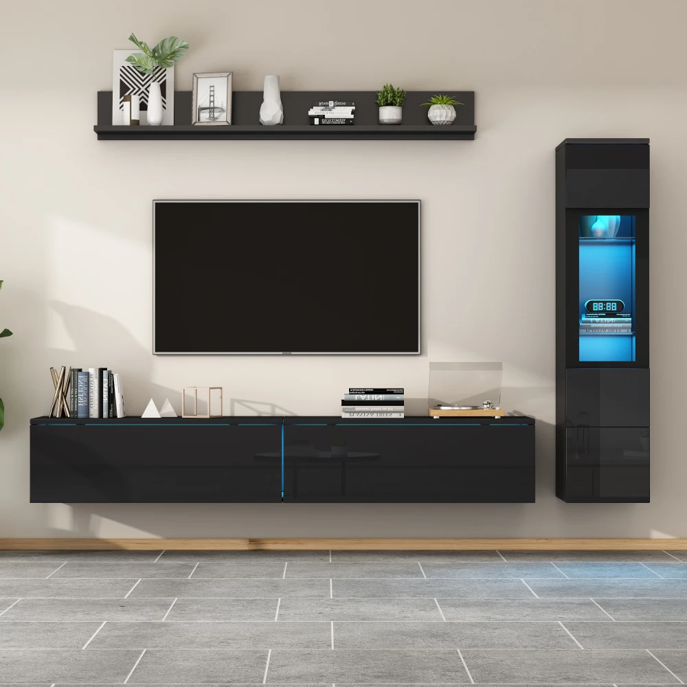 3-teiliges TV-Wohnzimmer-Wandset mit LED-Beleuchtung, Hochglanz-Möbelset, TV-Schrank, Vitrine und Hängeregal, für Fernseher bis zu 80 Zoll – Detail 4