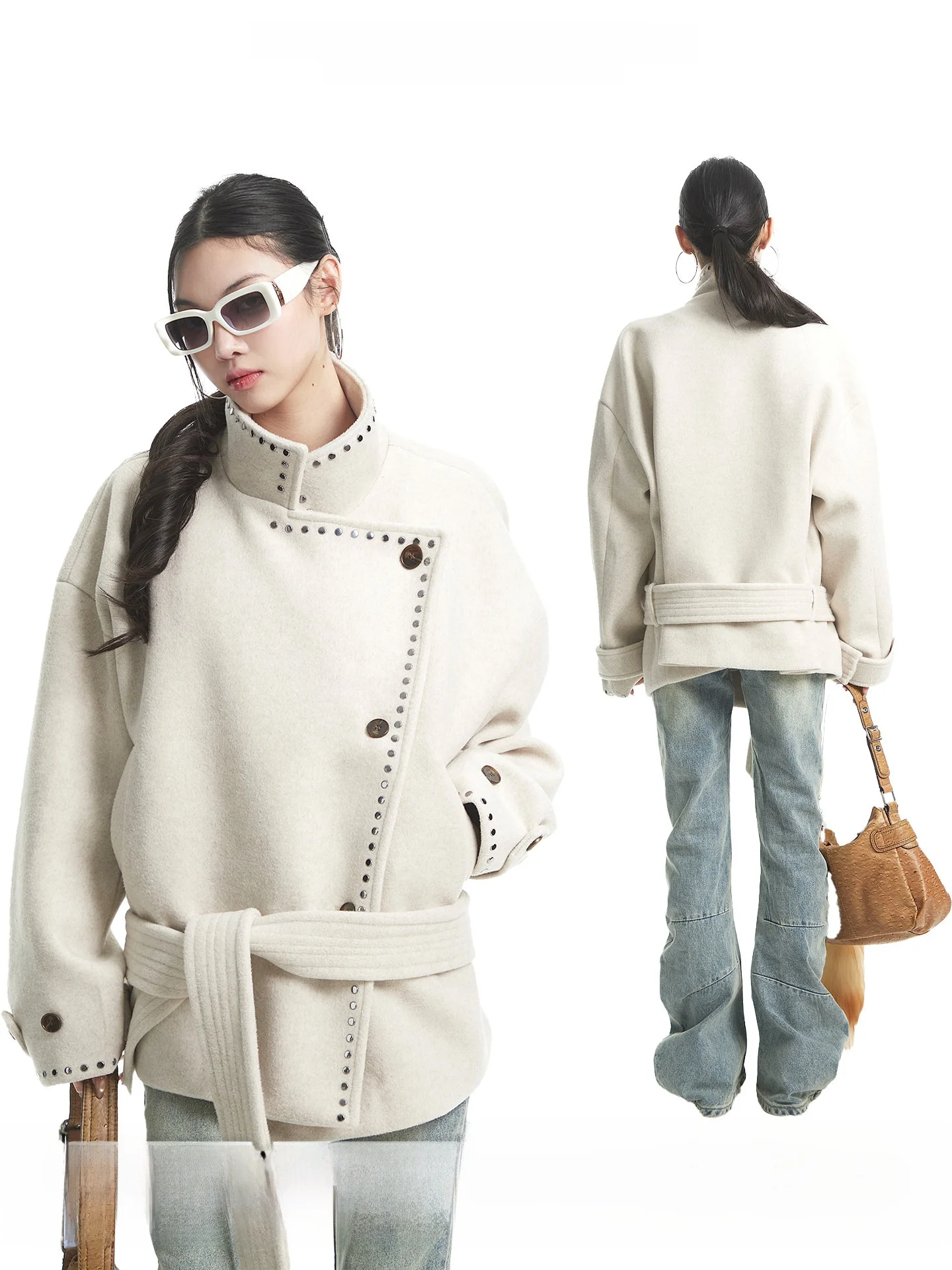 

UNCMHISEX Korean Sle Loose Long Sve Woolen Coat Women's Autumn Winter Faionable Stand Collar Coat Ele Aosphere