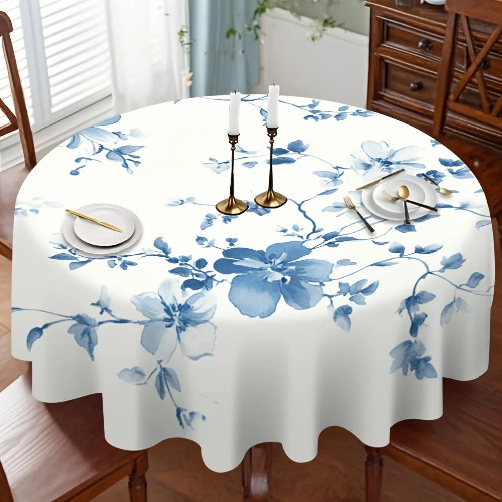 One blue floral-patterned round tablecloth, designed to bring harmony to your dining table.