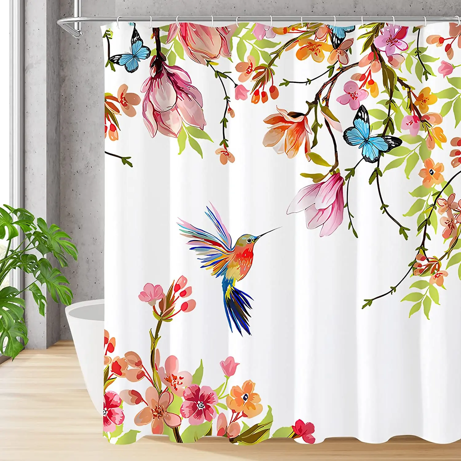 

Spring Floral Hummingbird Shower Curtain for Bathroom Watercolor Flowers Birds Fabric Bath Curtains Modern Art Decor with Hooks