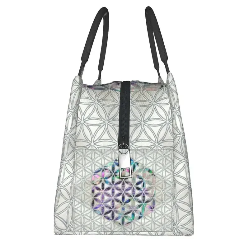 Flower Of Life Abalone Shell On Pearl Insulated Lunch Tote Bag for Women Geometric Mandala Portable Cooler Thermal Bento Box