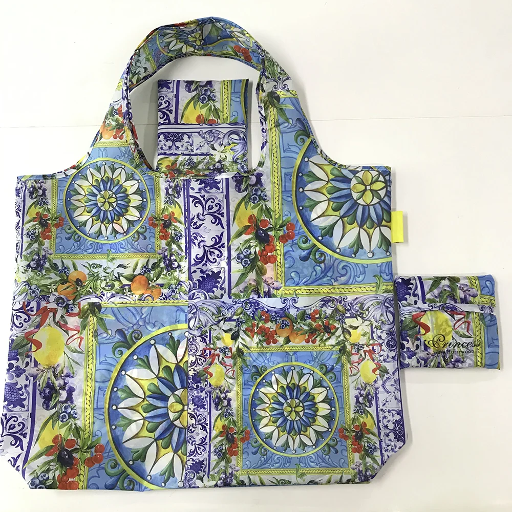 Stylish Cartoon Pattern Reusable Square Bag Wholesale Polyester Foldable Shopper Bag Large Capacity Lightweight Storage Tote Bag