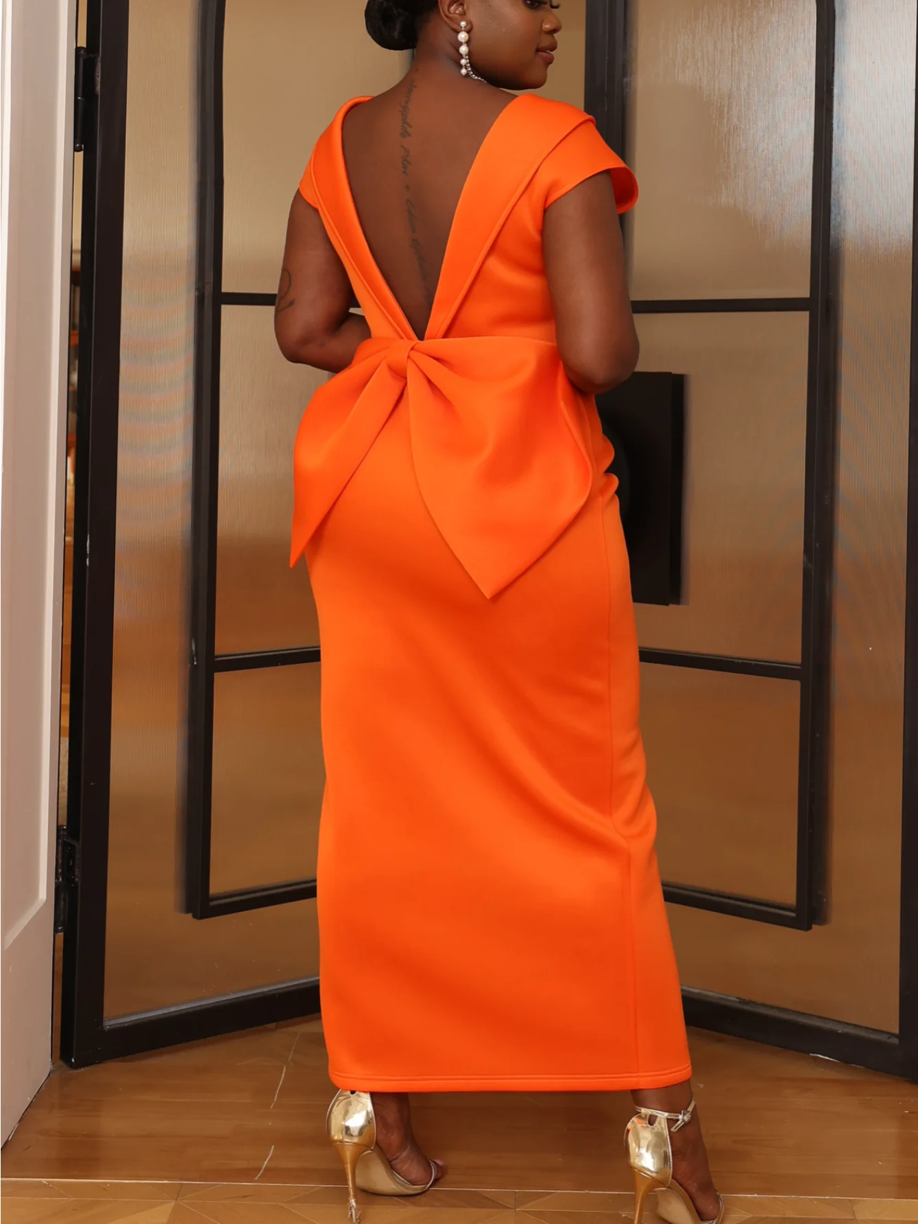 

Women Wedding Guest Orange Dress Sexy Backless Big Bow Long Split Sheath Elegant African Gowns Celebrate Robes Date Out 2023 New