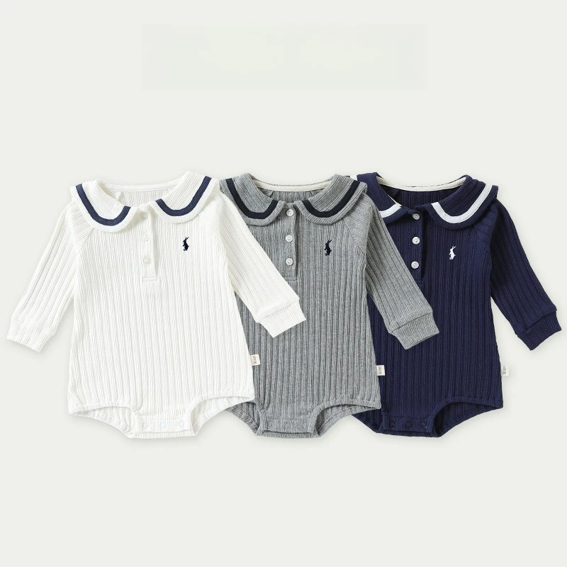 ZOETOPKID New Baby Girl Boy Peter Pan Collar Bodysuit White Grey Navy Cute Bunny Embroidery Spring Autumn Long Sleeve Jumpsuit
