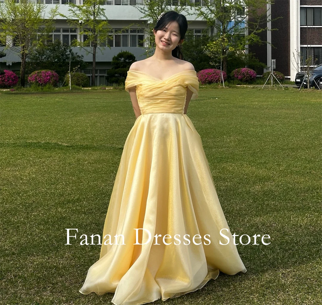 

FANAN с открытыми плечами из органзы, желтые вечерние платья, корейский корсет трапециевидной формы, свадебные женские платья, платья для выпускного вечера по индивидуальному заказу