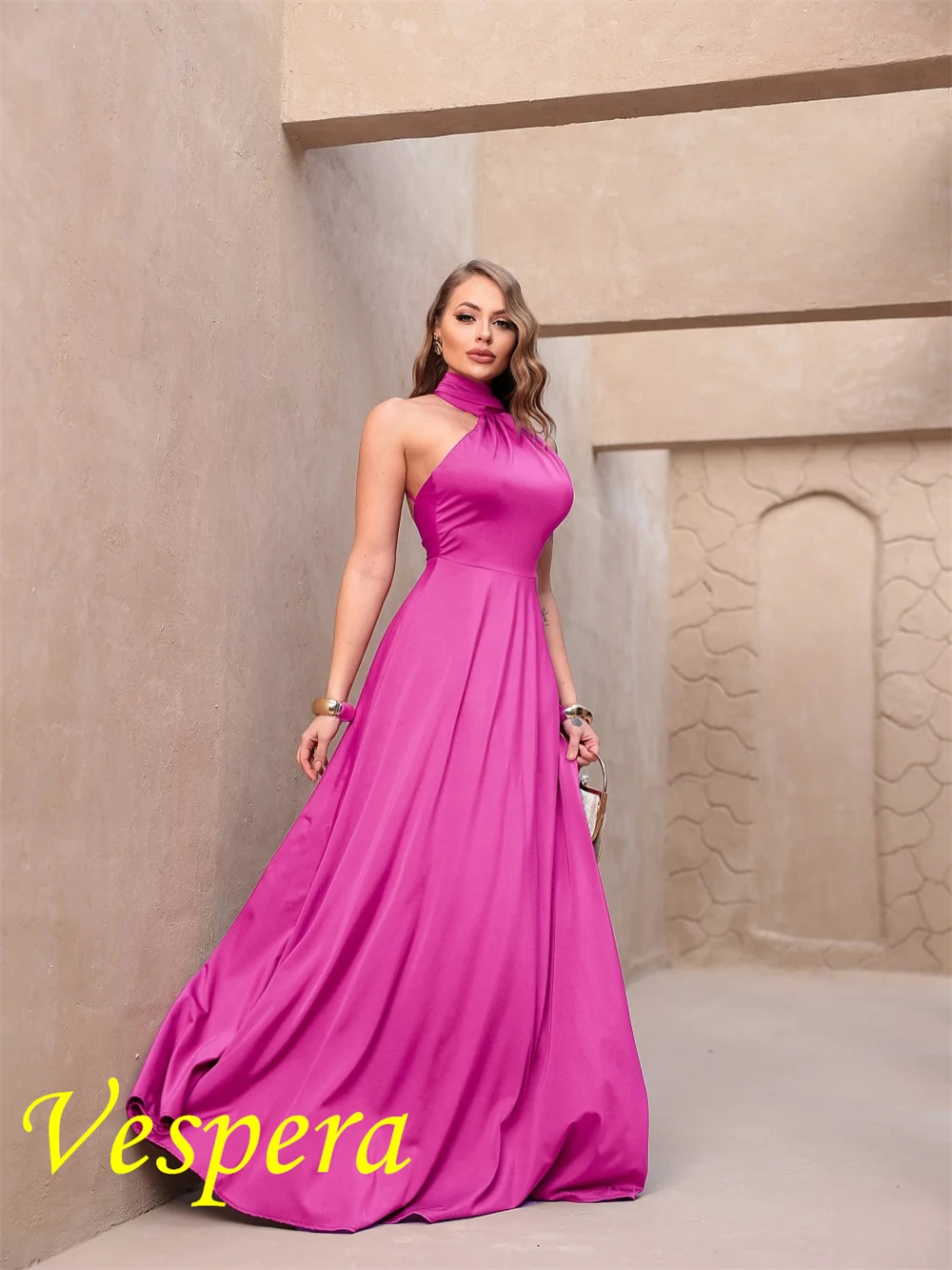 Customized Simple Satin Evening Dress Exquisite Halter Sleeveless Prom Dresses Luxury Backless Open Back Vestido De Festa
