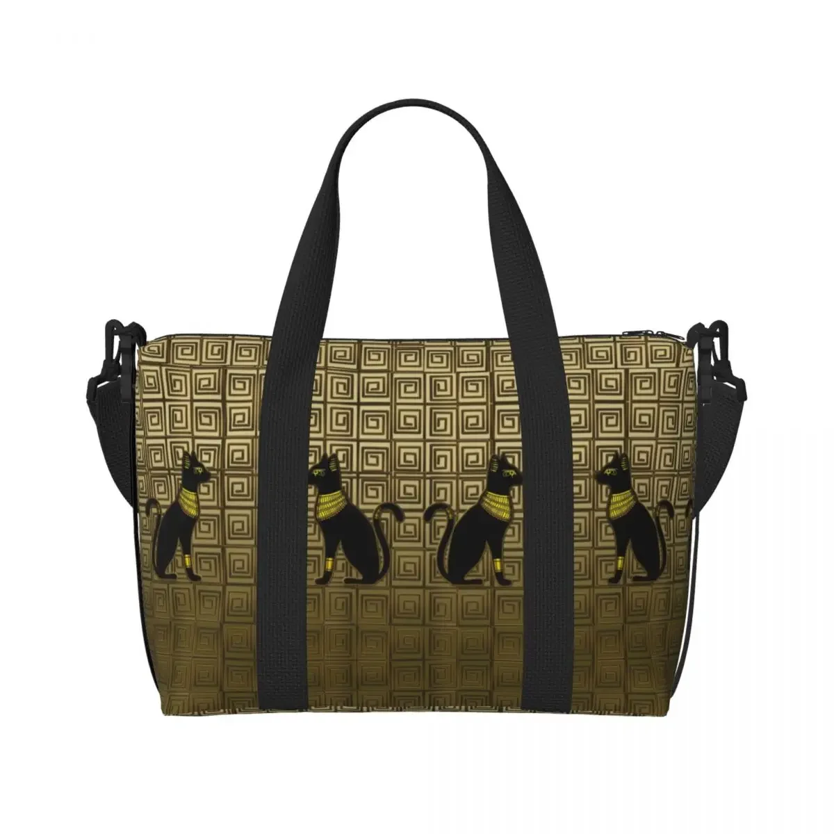 Bolso de mano personalizado de diosa del gato egipcio en azulejos dorados para mujer, bolsa de mano de playa Extra grande para gimnasio, bolsas de compras de viaje jeroglíficas de Egipto