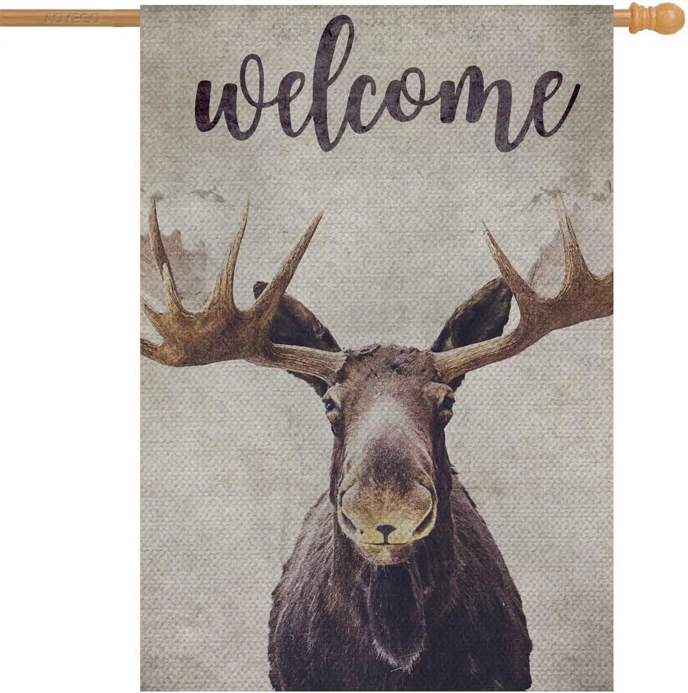Moose Welcome House Flag Vertical Double Sided Burlap Moose With Two Big Antlers Brown Farmhouse Yard Outdoor Seasonal Flag sign