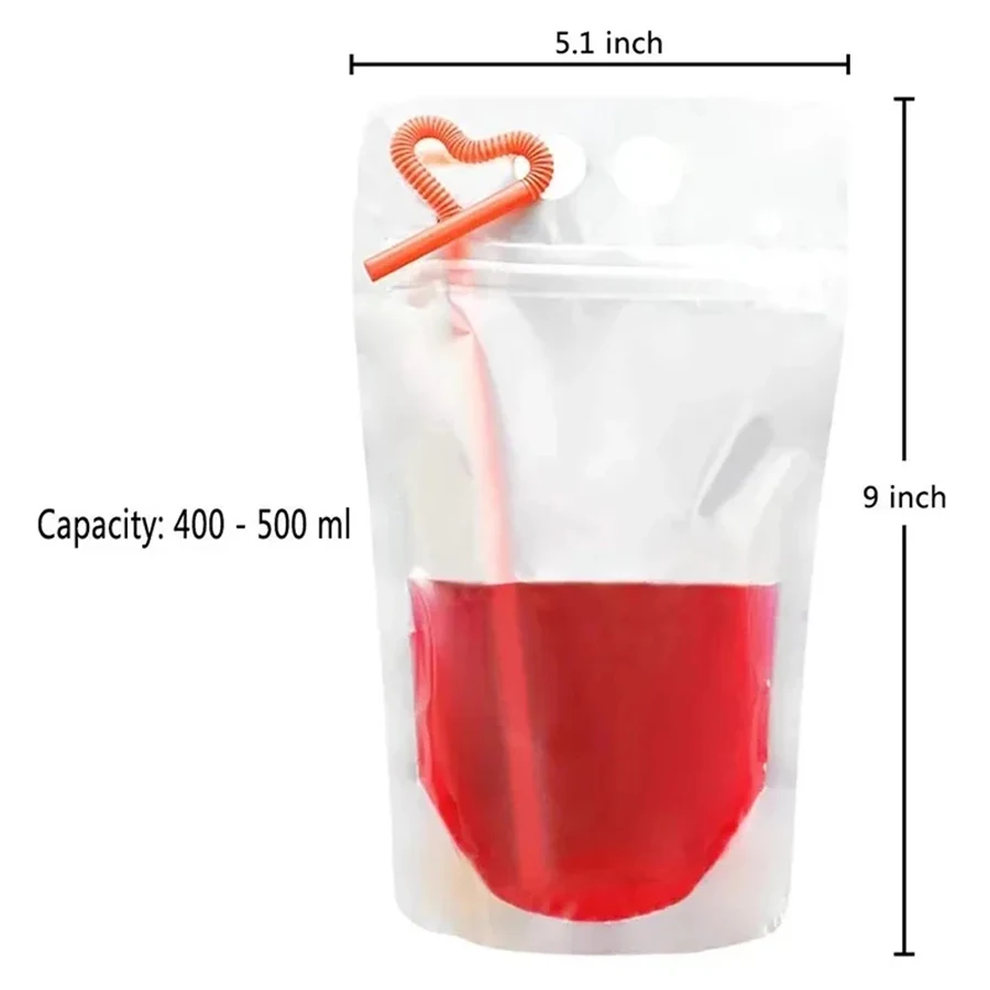 Straw Drink Bag Resealable Zipper Leakproof Drink Bag Handheld Standing Smoothie Bag Reusable Translucent Juice Bag