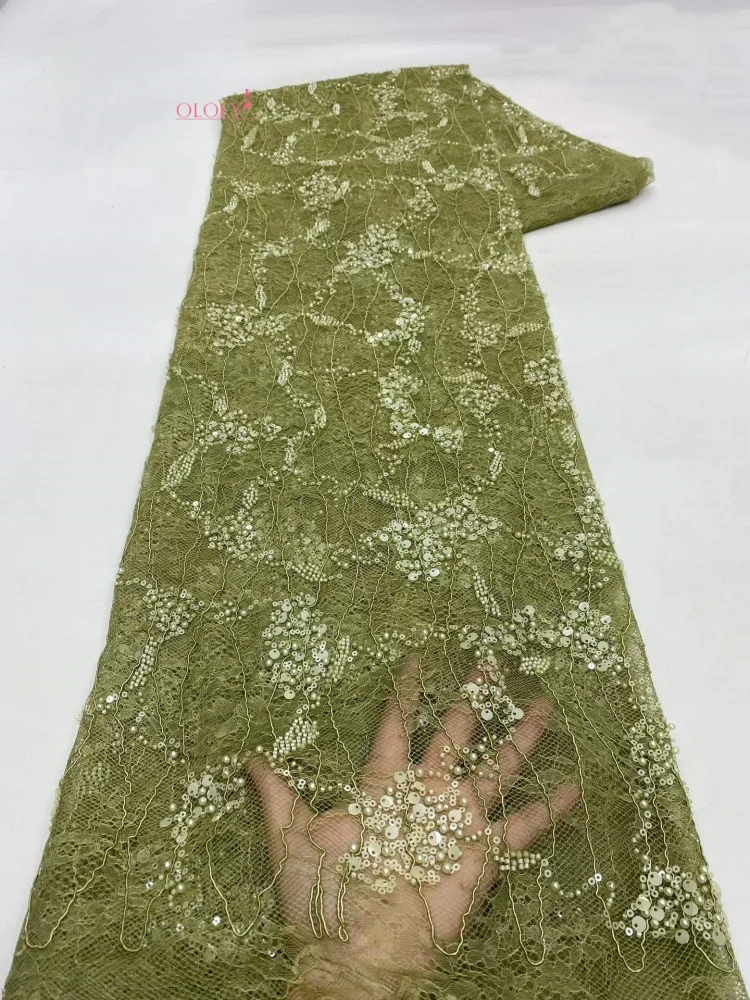 OLOEY 5 yardas de tela de encaje bordado africano con lentejuelas y diseño de cuentas francesas nigerianas para costura de vestidos de novia