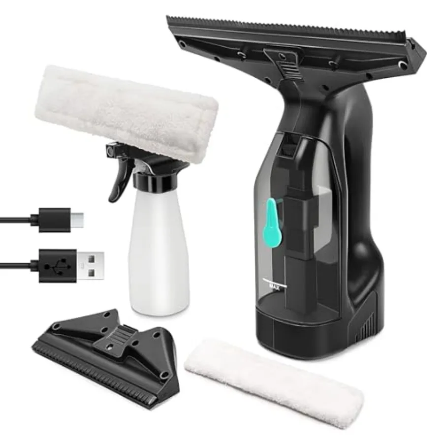 Window Vacuum Cleaner Kit Cordless 35Min Runtime and 2 Suction Nozzles Cleaning Tool All-in-One Electric Squeegee Spray Kit for