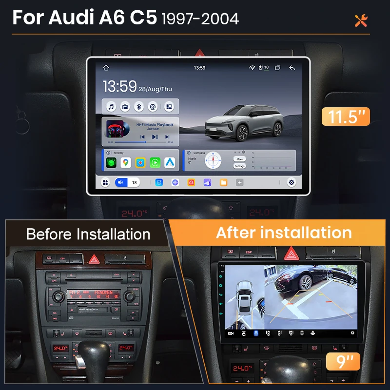 Autoradio Android Auto AWESAFE pour Audi A6 C5 1997-2004 S6 1999-2006 RS6, système multimédia intelligent sans fil CarPlay, écran tactile IPS, lecteur vidéo stéréo, autoradio 2 Din, navigation BT GPS 4G WIFI FM DSP RDS SWC
