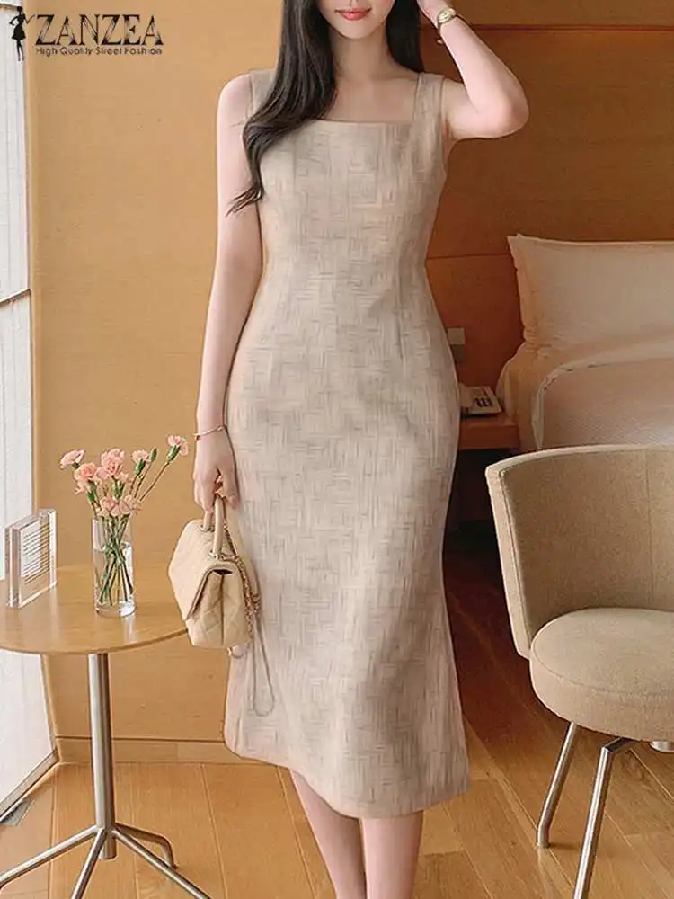 ZANZEA Women Elegant Casual Slim Dresses Mermaid Long Dress Fashion Sleeveless Square Neck Evening Dress Wedding Robes Vestidos