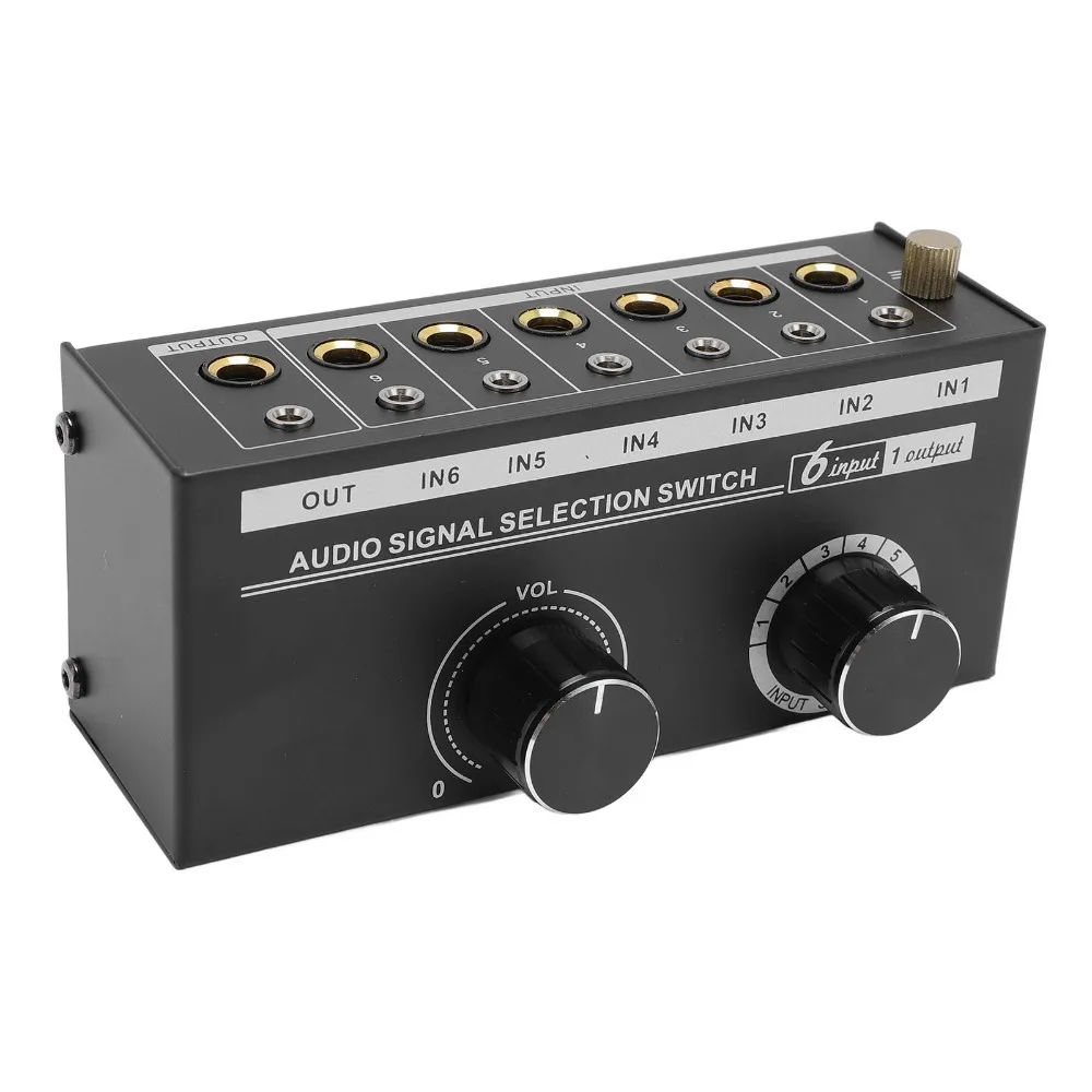 6 Input 1 Output 6 Way Sound Switcher 3.5mm & 6.35mm Dual Interface with Volume Control Knob Stereo Audio Switcher Plug and Play