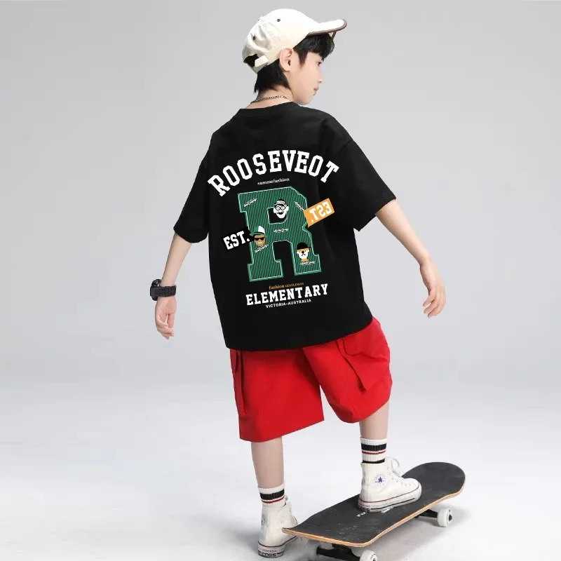Latest trendy children's 100% pure cotton T-shirt - American letter style R, loose and soft short sleeves