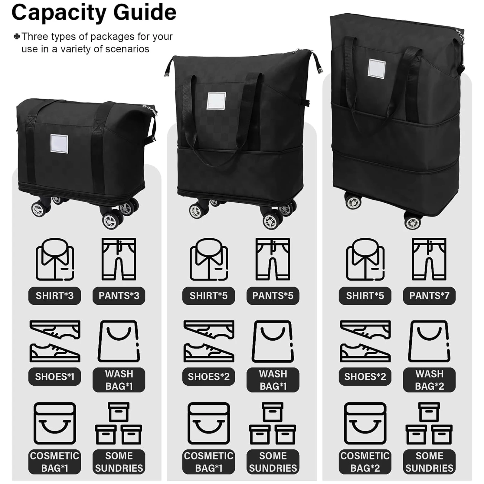 Expandable Foldable Rolling Duffel Bag With Wheels, Detachable Rolling Carry-On Luggage, Large Suitcase for Travel, Business