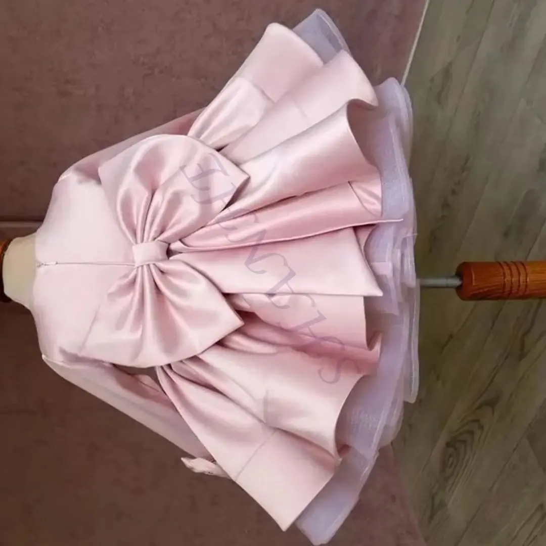 

Customized Pink Flower Girl Dress For Wedding Satin Knee Length Puffy With Bow Kids Birthday Party Formal Events Pageant Gown