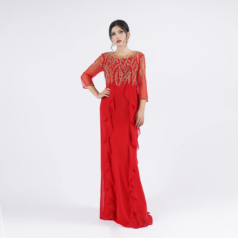 Baisha 2024 Red Evening Dress For Women Handmade Beaded Long Mermaid Gown Ruffled Mom Dress For Wedding Formal Occasions MM101