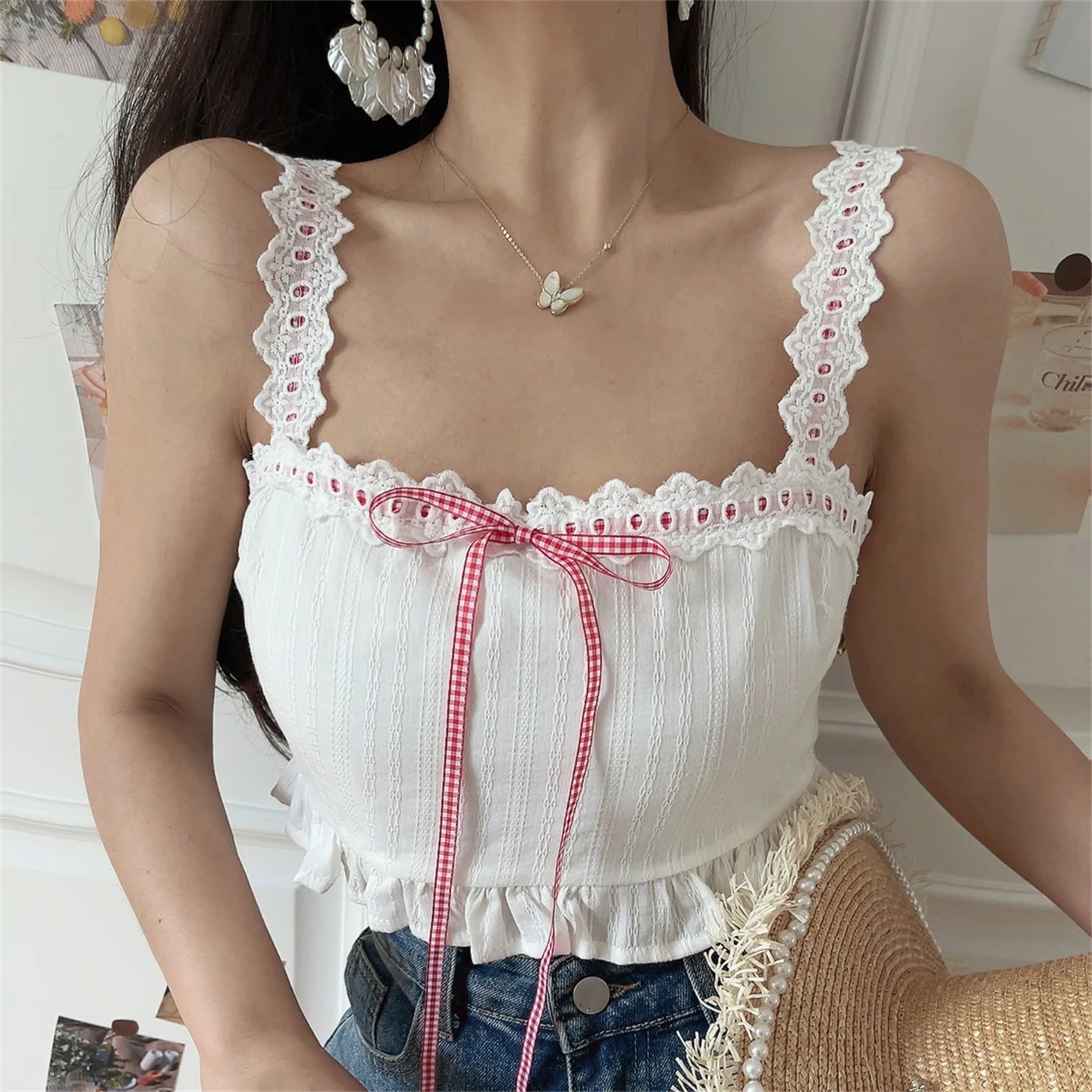 

Charming Summer Vacation Knot Tied Strap Lace Trim Shoulder Top Women's Slim Fit Pure Cotton Short Length Vest