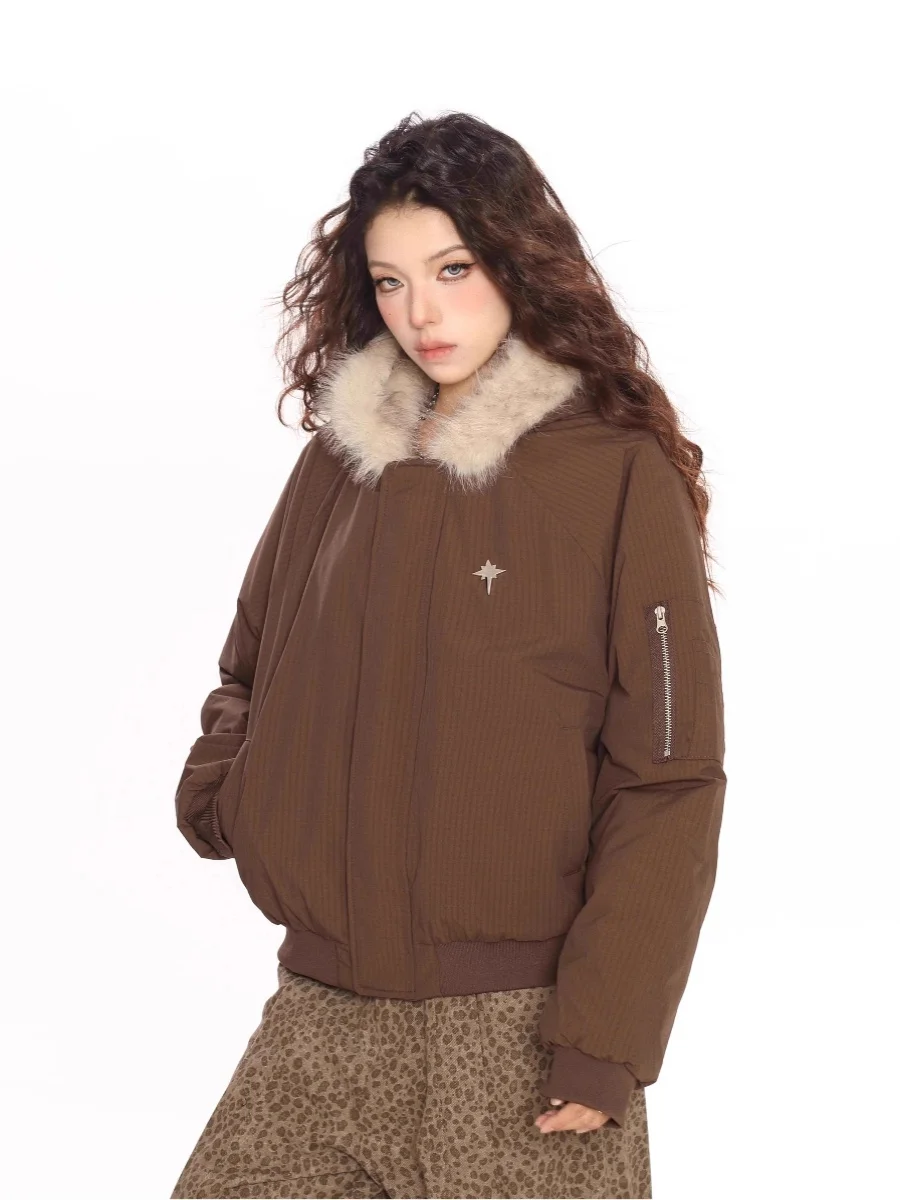 

Теплая утолщенная парка с капюшоном, женская зимняя хлопковая куртка с меховым воротником, уличный стиль, свободный крой, длинный рукав, на молнии