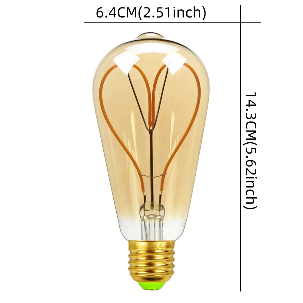 TIANFAN Vintage Led Bulb ST64/ST21 Edison Bulb 4W Dimmable 220V 110V E26 E27 Heart Filament Decorative Light Bulb Yellow Warm