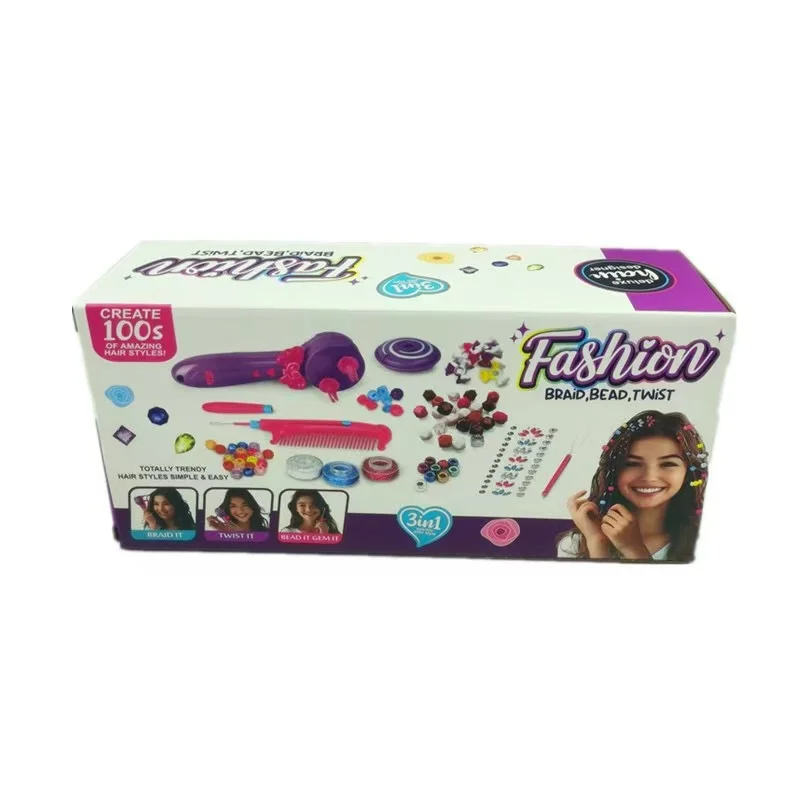 魔法の3in1ヘアスタイリング電動編み機ビーズDIYごっこ遊びおもちゃ 女の子向け3～6歳 子供用ヘアアクセサリー
