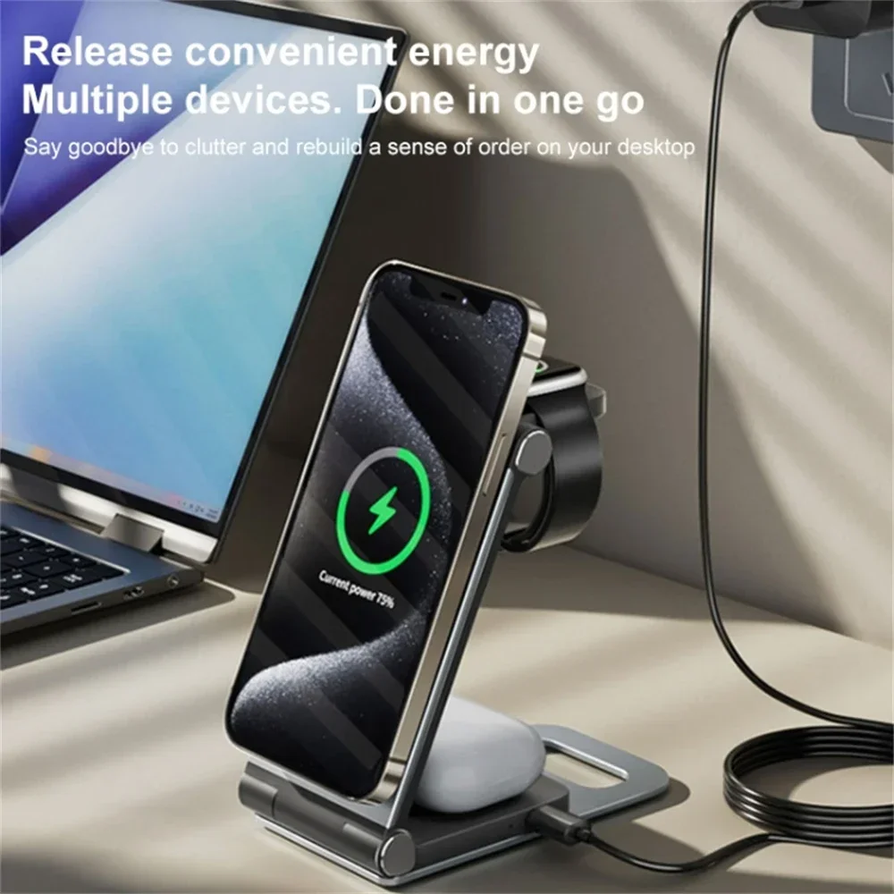 T9 15W 3-in-1 Desktop Foldable Multi-function Cooling Stand For Magsafe Wireless Charger For iPhone 16 15 Pro 14 13 12 Airpods