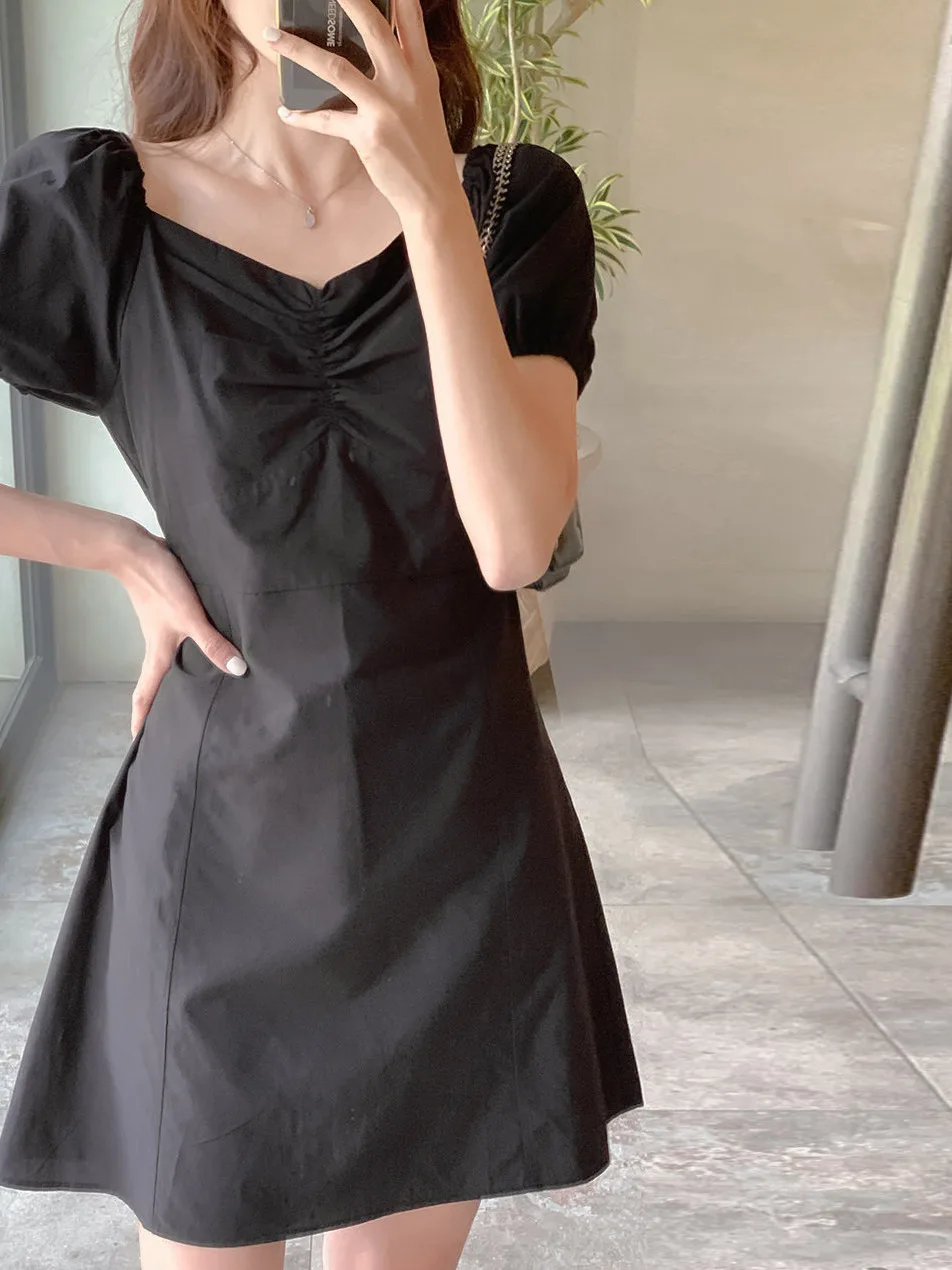 Slimming V-Neck Waist-Cinching Dress Korean Style One-Shoulder Black Dress for Women Summer Fashion Elegant Slimming Wind