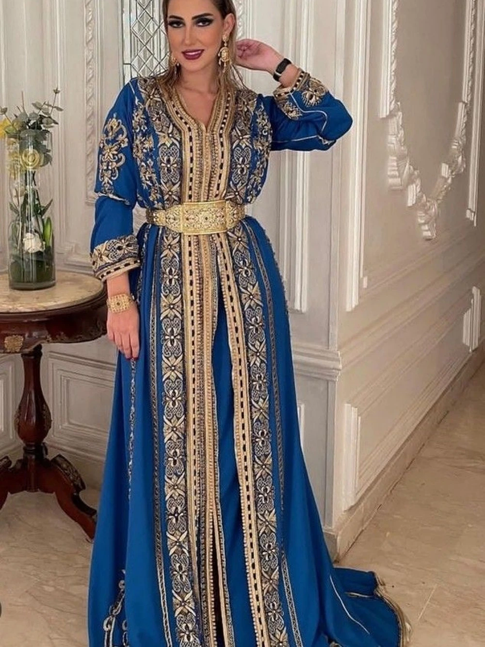 Exquisite V-neck Evening Dresses Moroccan Long Sleeve A-line Customized Caftan Appliques Floor-length Prom Gown Robe De Mariée