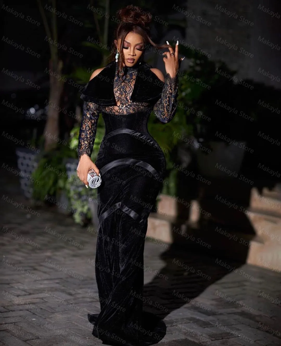 Black Vintage Velvet Sexy Elegant Evening Dresses Lace Long Sleeves Formal Mermaid Women Prom Party Gowns Custom Made Plus Size