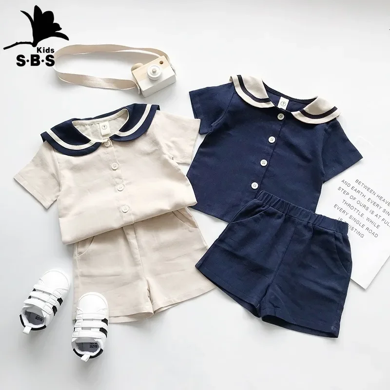 Camiseta y pantalones de lino y algodón para niños, conjunto de ropa de verano con cuello de marinero estilo marino, humor de oso japonés coreano, trajes