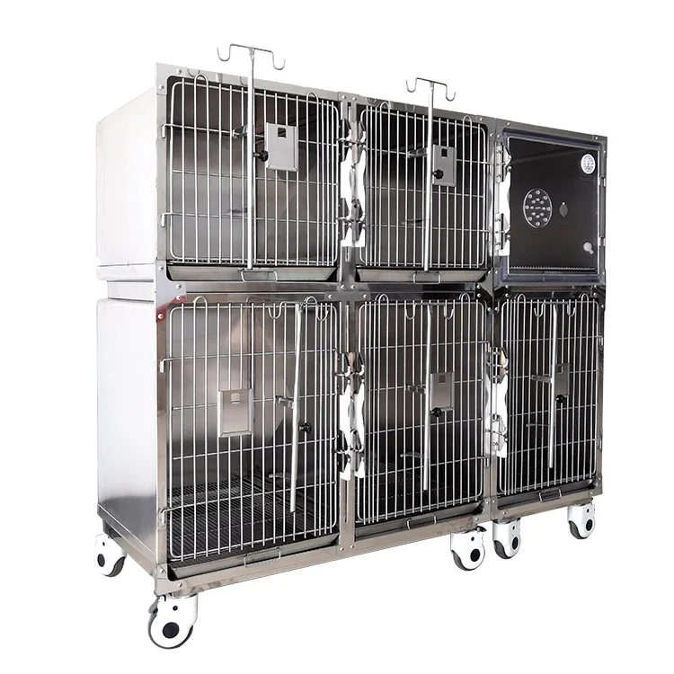 

Heavy Duty Stainless Steel Double-Layer 6-Doors Pet Inpatient Kennel Veterinary Cage For Dogs With Animal Pattern