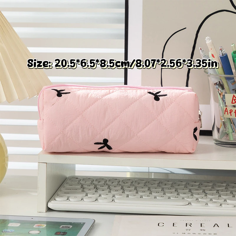 Simple Bowknot Large Capacity Pencil Bag Ins Style Fresh Quilting Stationary Storage Bags For Girls Makeup Pouch Pencil Case