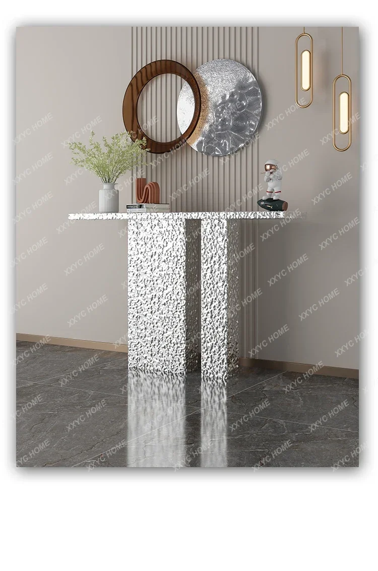 Entry high-end entrance table against the wall stainless steel water ripple semi-round light luxury entrance table