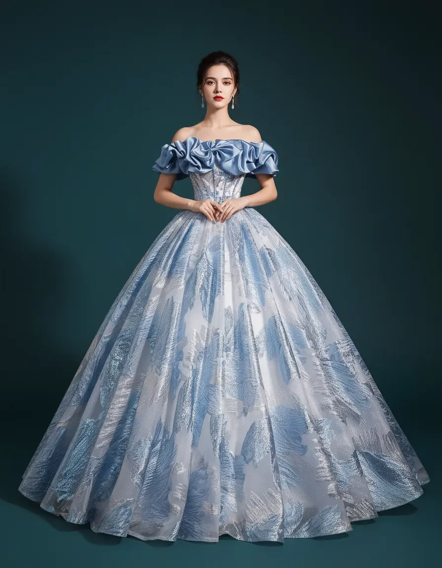 Vestido de Gala Azul Hielo con Hombros Descubiertos, Satén, Volantes, Jacquard y Espalda con Corsé para Quinceañera, Boda, Graduación