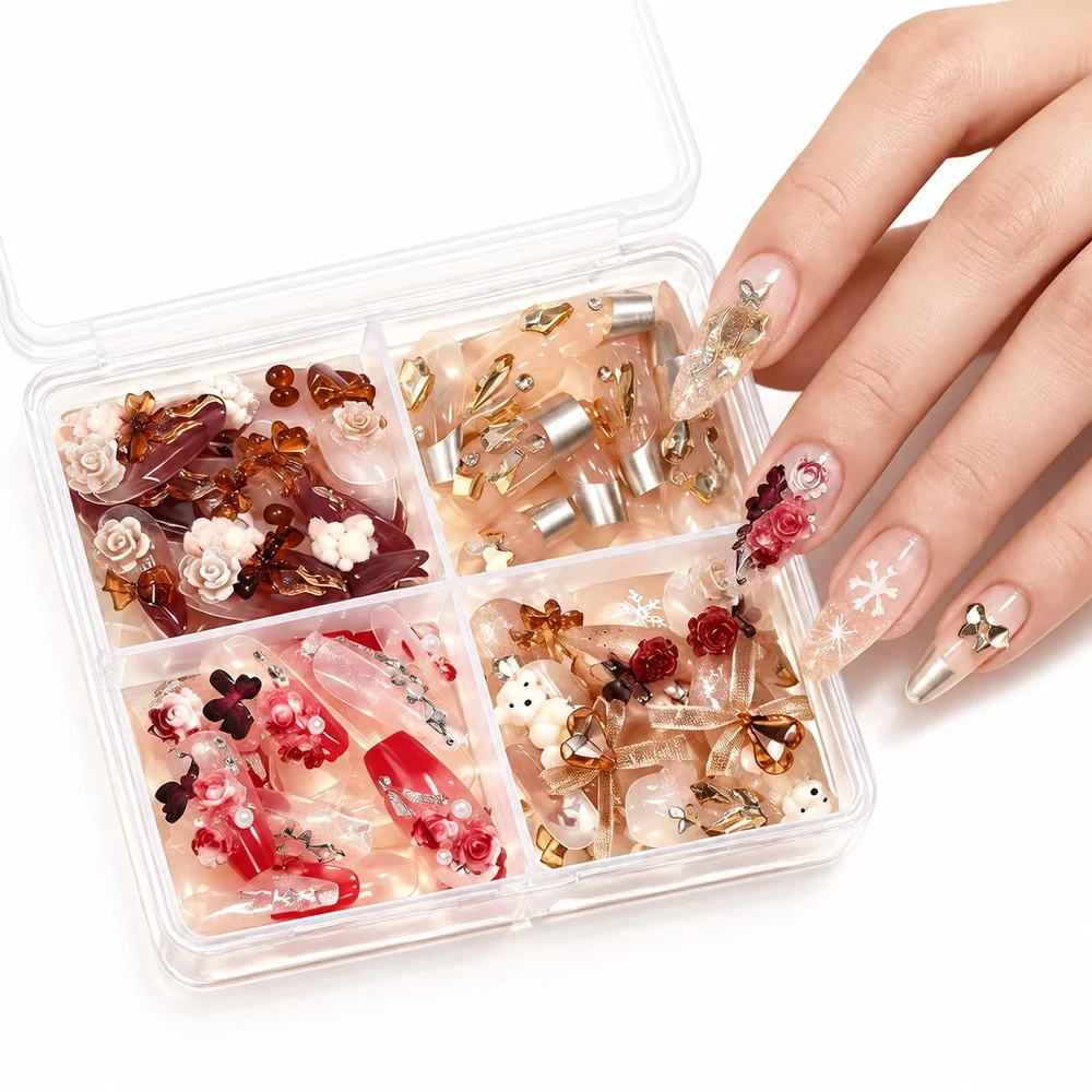 96Pcs Romantic False Nails Butterfly Rose Rhinestone Decor Reusable 4 Styles with 4-Grid Box for Date DIY Manicure Nail Art