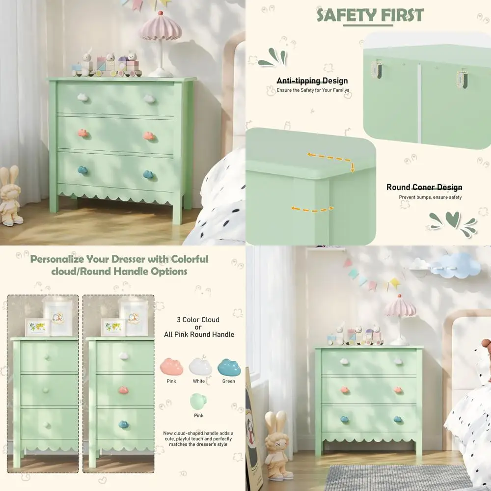 

Тумбочка деревянная с 3 ящиками, зеленая, с ручками в форме облаков, ширина 27,56 дюйма, подходит для спальни, прихожей или гостиной