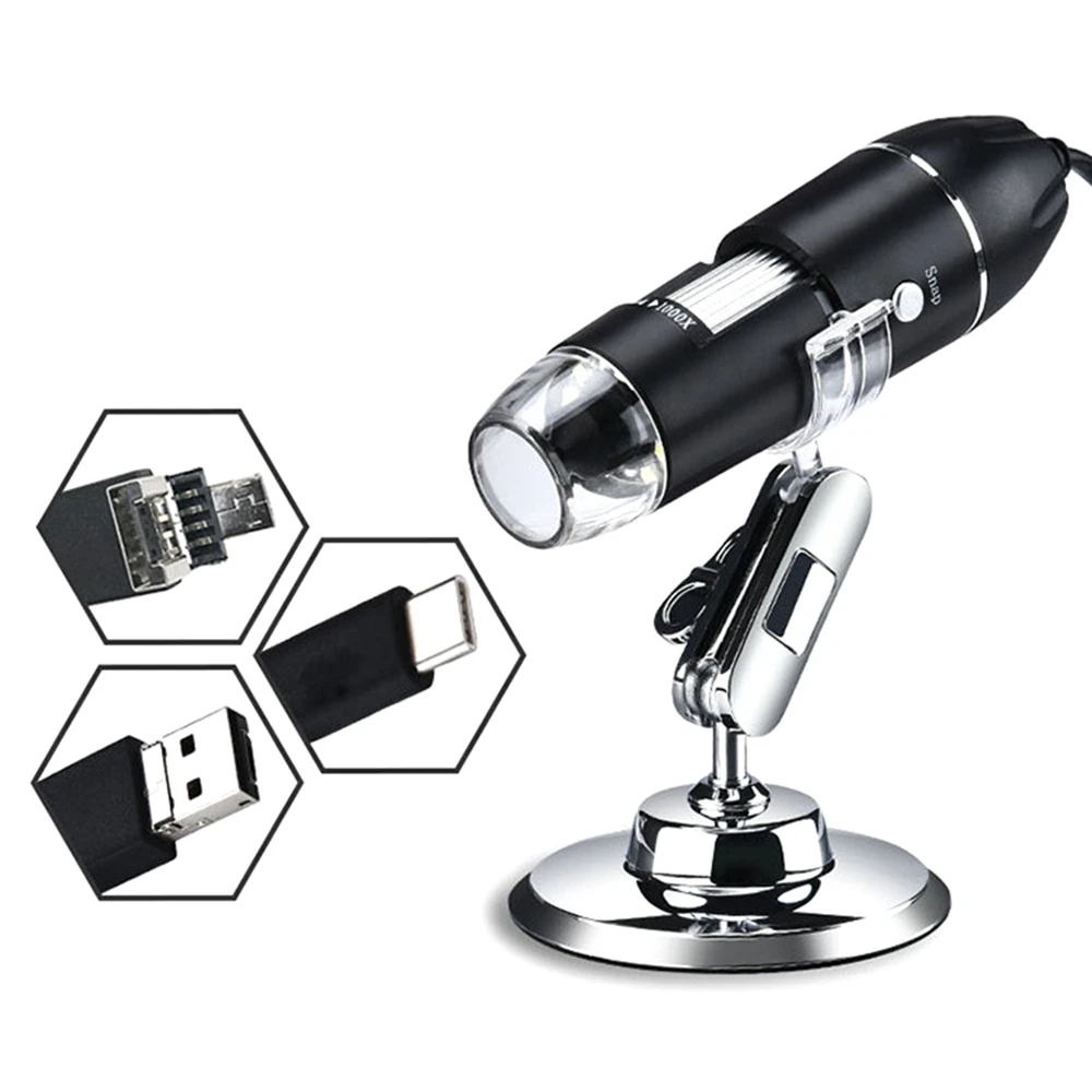 Microscopio Digital USB 3 en 1, cámara endoscópica, aumento ajustable con soporte para PC, 1600X