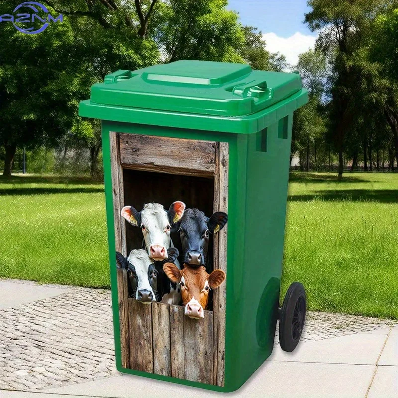 1pc Luxury Peel-and-Stick Trash Can Sticker - Curious Cows Peeking from Wooden Stable Design, Glossy Paper Decal for Plastic B