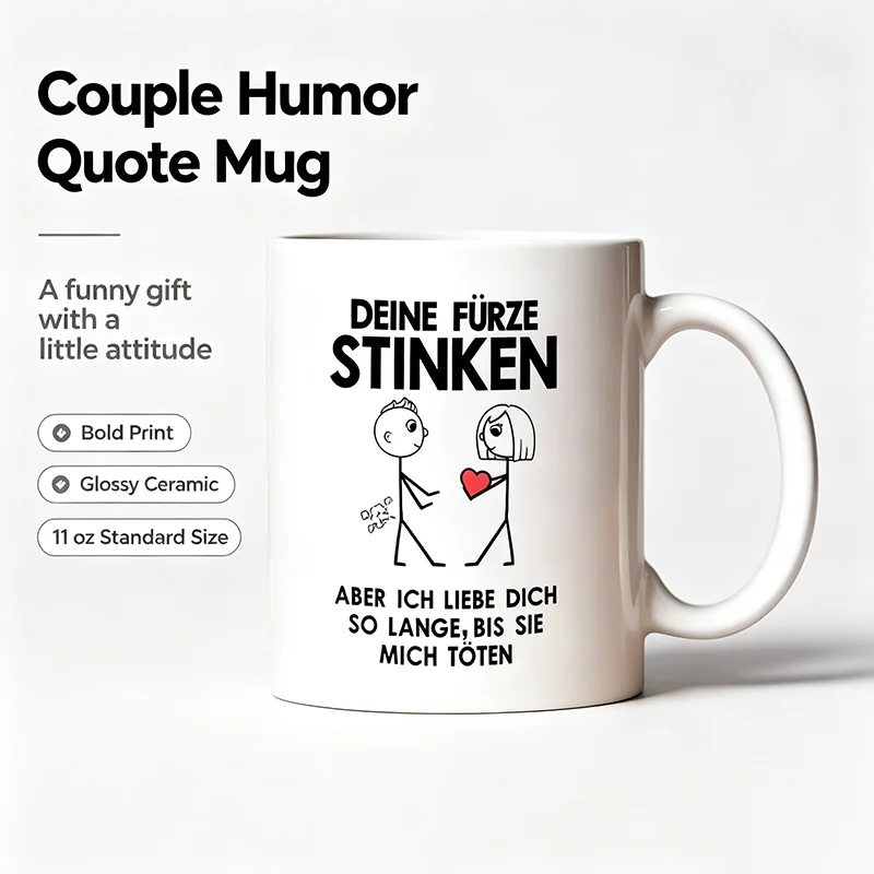 11 oz German Style Ceramic Coffee Mug with Fun Stickman Design - Reusable and Machine Washable - Perfect for All Beverages