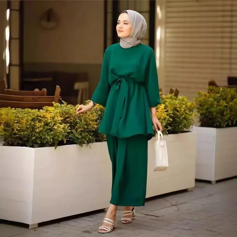

Muslim Fashion two piece set women Fashionable Solid Color Casual Top and Pants Set, Comfortable and Versatile for Commuting