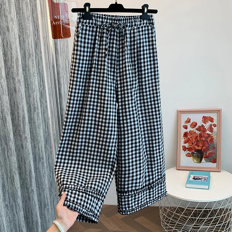 Pantaloni casual a quadretti a vita alta coreani Sle Donna Estate Nuova vita elastica Pantaloni slim dritti a gamba larga Dettaglio in pizzo Pendolarismo...