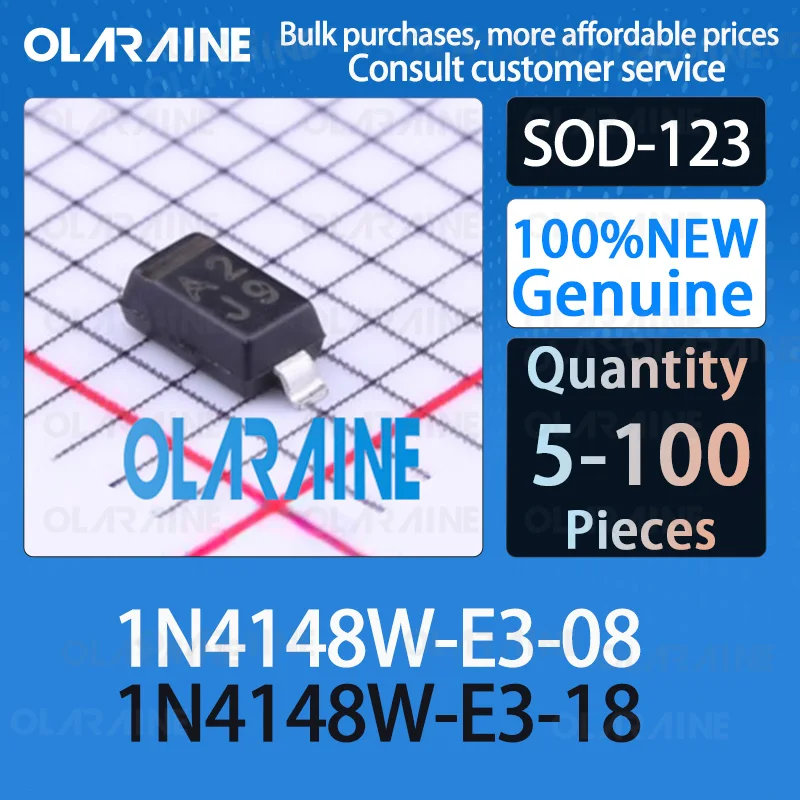 Diodes de commutation de petit signal, pipeline de courant d'appel maximum, courant avant 150mA, 1N4148W-E3-08 1N4148W-E3-18 SOD-100, 5 pièces, 10 pièces, 123 pièces