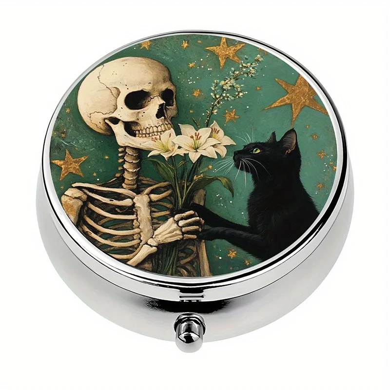 1 pill box, with 3 compartments, gothic skull and black cat theme, mini pill box, medicine storage box, unique gift for Halloween or Christmas