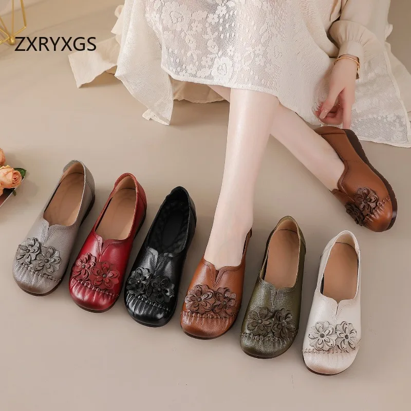 ZXRYXGS Promotion 2026 New Genuine Leather Flower Shoes Women's Flats Autumn Soft Sole Comfortable Fashion Shoes Flat Plus Size