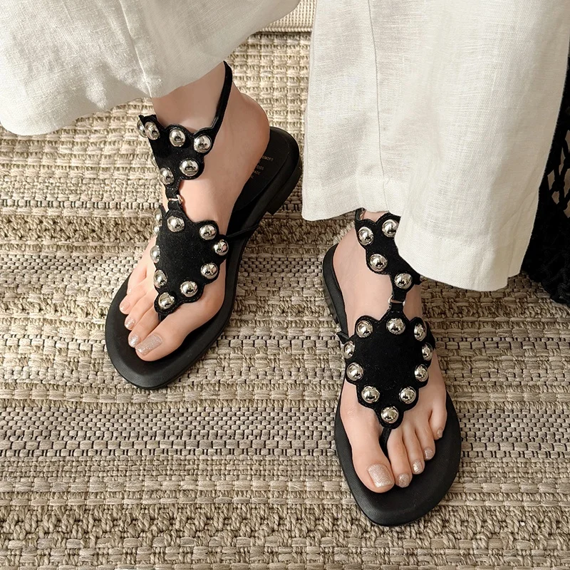 Beads Clip-Toe Sandal Gothic Punk Rock Summer Cow Suede Sexy Fashion Elegant Concise Novelty Spicy Girls Shoes Low Heel Sandals