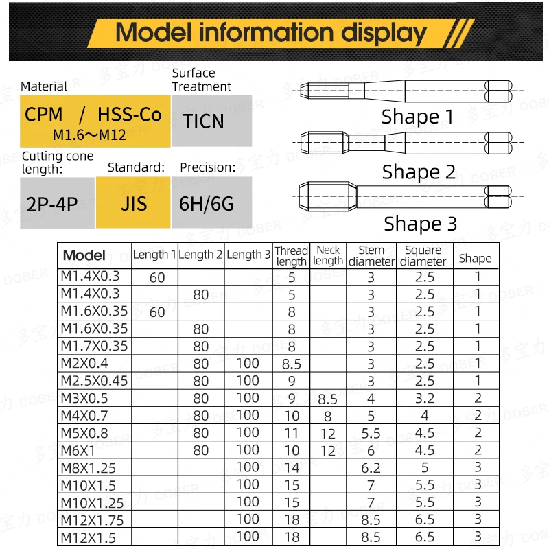 Imagem -04 - Dober-long Titanium Revestimento Parafuso Tap Broca Flauta Reta Métrica Thread Tap Die Máquinas-ferramentas Hss 100 M2-m12 Pcs