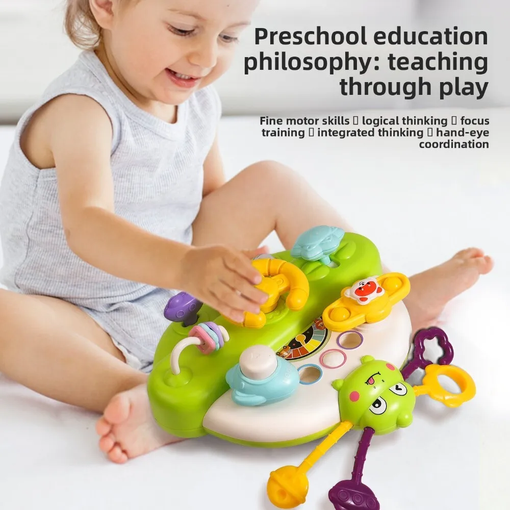 Teething Pull and Play multifuncional, lindo tablero ocupado, sonajero de agarre manual para el desarrollo sensorial del bebé, actividad de juguete calmante