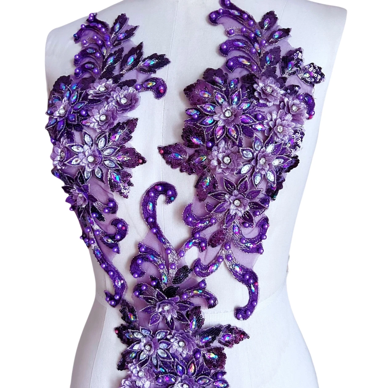 16x40cm 3D abiti da sposa in rilievo artigianato fai da te fiore strass di pizzo viola Applique cucito da sposa cucire sul vestito corpetto